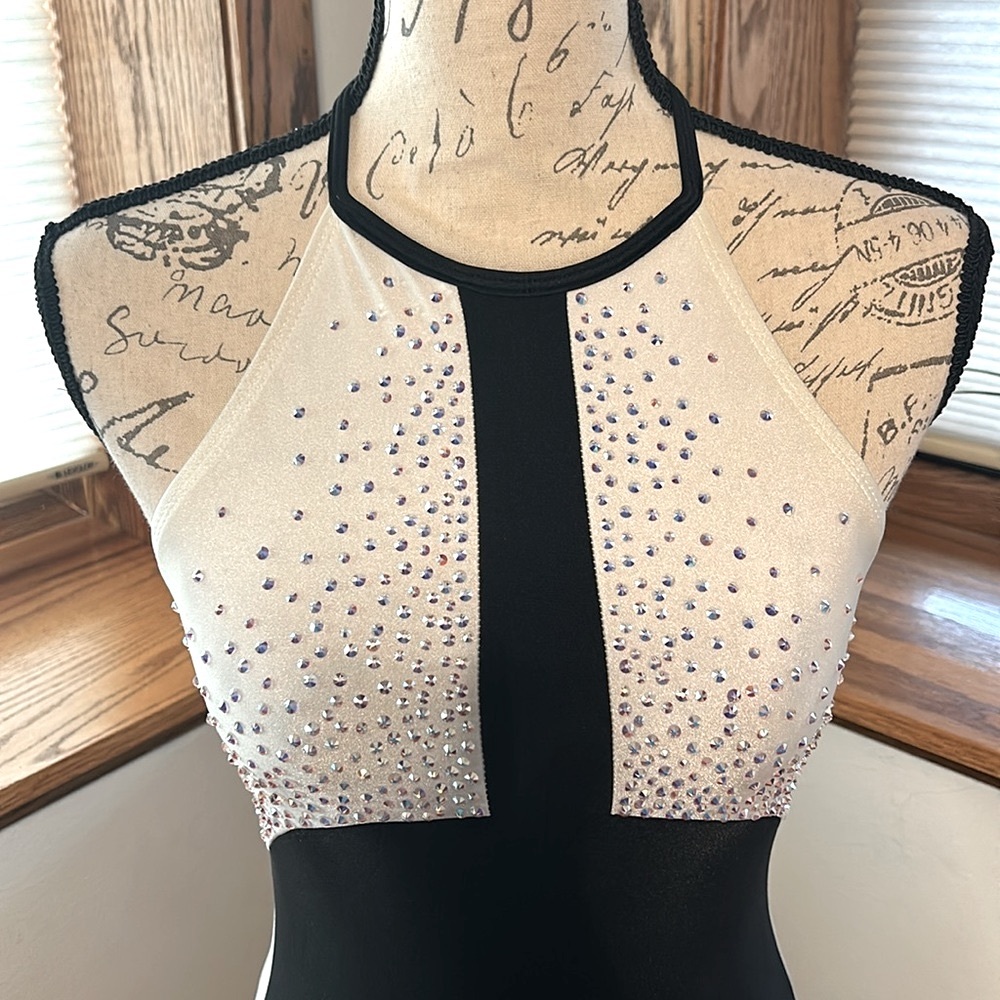 Black & White Tuxedo Halter Neck Leotard Dance Costume w/ Multi Colored Stones